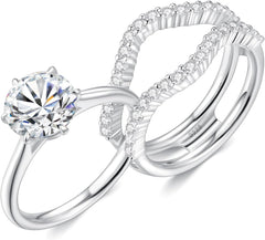 2 PC Round Brilliant Cut CVD Diamond Four-Prong Solitaire with Pavé Contour Band Sterling Silver Bridal Wedding & Engagement Ring Set for Women