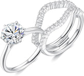 2 PC Round Brilliant Cut Moissanite Four-Prong Solitaire with Pavé Contour Band Sterling Silver Bridal Wedding & Engagement Ring Set for Women