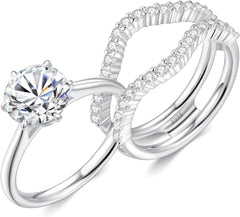 2 PC Round Brilliant Cut Moissanite Four-Prong Solitaire with Pavé Contour Band Sterling Silver Bridal Wedding & Engagement Ring Set for Women