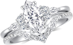 2PC Vintage Petal & Leaf Design Moissanite 925 Sterling Silver Engagement Ring Set for Women