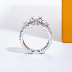 2PC Round Brilliant Cut Moissanite Sterling Silver Bridal Wedding Ring Set & Engagement Band for Women