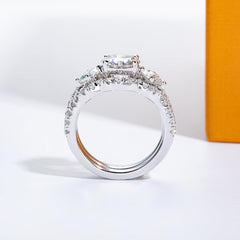 2 PC Round Brilliant Cut Moissanite Sterling Silver Bridal Wedding Ring Set with Engagement Ring & Band for Women