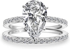 2 PC Pear Cut Moissanite Sterling Silver Stackable Bridal Wedding & Engagement Ring Set for Women