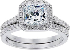 2 PC Princess Cut Moissanite Sterling Silver Bridal Engagement & Wedding Ring Set for Women