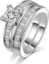 2 PC Princess Cut Clear Moissanite Sterling Silver Bridal Wedding & Engagement Ring Set for Women