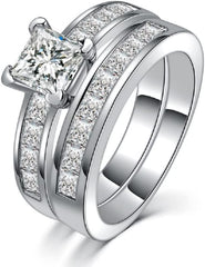 2 PC Princess Cut Clear Moissanite Sterling Silver Bridal Wedding & Engagement Ring Set for Women