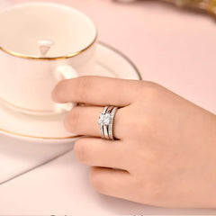 2PC Princess Cut CVD Diamond 18K Gold Bridal Engagement Ring Set with Enhancer W