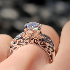 2 PC Round Cut CVD Diamond Sterling Silver Vintage Antique Bridal Engagement & Wedding Ring Set for Women