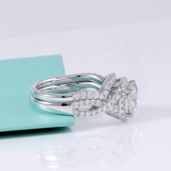 2 PC Cushion Cut Moissanite Sterling Silver Halo Bridal Wedding & Engagement Ring Set for Women