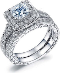 2 PC Princess Cut CVD Diamond Sterling Silver Stackable Bridal Wedding & Engagement Ring Set