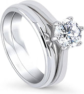 2 PC Sterling Silver Solitaire Wedding Engagement Promise Rings for Her Stackable Band Ring Set for Women Round Moissanite