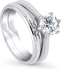 2 PC Sterling Silver Solitaire Wedding Engagement Promise Rings for Her Stackable Band Ring Set for Women Round Moissanite