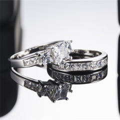 2 PC Princess Cut Three-Stone CVD Diamond 10K Gold Bridal Wedding Engagement Ring Set for Women