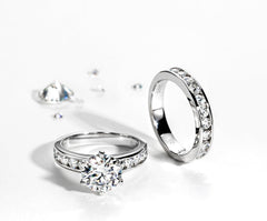 2 PC Round Cut Moissanite Sterling Silver Bridal Wedding & Engagement Ring Set