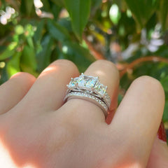 2 PC Princess Cut Three-Stone Moissanite Sterling Silver Wedding Ring Enhancer Bridal Set