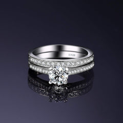 2 PC Round Cut Moissanite Sterling Silver Engagement & Eternity Wedding Band Set for Women