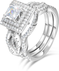 Princess Cut Moissanite 3-Piece Sterling Silver Bridal Wedding & Engagement Ring Set for Women