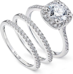 3 PC Round Brilliant Cut CVD Diamond Sterling Silver Bridal Wedding & Engagement Ring Set for Women