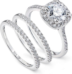 3 PC Round Brilliant Cut Moissanite Sterling Silver Bridal Wedding & Engagement Ring Set for Women