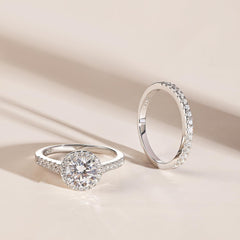 2 PC Round Cut Halo Moissanite Sterling Silver Bridal Wedding & Engagement Ring Set for Women