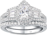 2 PC Pear Cut Moissanite Bridal Wedding Ring Set with Halo, Baguette Side Stones & Pavé Band Sterling Silver