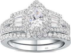 2 PC Pear Teardrop CVD Diamond Sterling Silver Bridal Wedding & Engagement Ring Set for Women