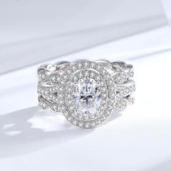 Oval Brilliant Cut CVD Diamond Double Halo 14K Gold Bridal Ring Set with Marquis