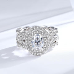 Oval Brilliant Cut Moissanite Double Halo Sterling Silver Bridal Ring Set with Marquise Band & Stackable Rings for Women