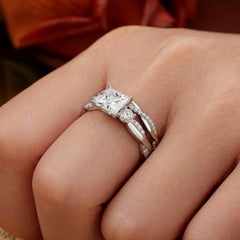 2 PC Princess Cut CVD Diamond 10K Gold Bridal Wedding Engagement Ring Set Infinity Bands