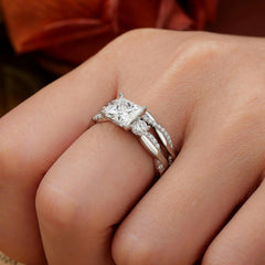 2 PC Princess Cut Moissanite Sterling Silver Bridal Wedding & Engagement Ring Set with Infinity Bands