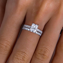 2PC Emerald Cut Moissanite 925 Sterling Silver Bridal Engagement & Wedding Ring Set for Women
