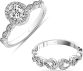 2 PC Round Cut CVD Diamond Sterling Silver Halo Bridal Engagement Wedding Ring Set for Women