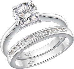 2 PC Round Brilliant Cut Moissanite Sterling Silver Solitaire Bridal Wedding & Engagement Ring Set for Women