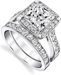 2 PC Princess Cut Moissanite Sterling Silver Bridal Wedding & Engagement Ring Set for Women