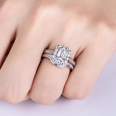 2 PC Emerald Cut Halo Moissanite Sterling Silver Bridal Wedding & Engagement Ring Set for Women
