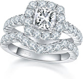 2 PC Cushion Cut Halo Moissanite Sterling Silver Bridal Wedding & Engagement Ring Set for Women