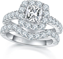 2 PC Cushion Cut Halo Moissanite Sterling Silver Bridal Wedding & Engagement Ring Set for Women