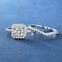 2 PC Round Brilliant Cut Moissanite Halo Wedding Engagement Promise Eternity Ring for Women