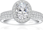 2 PC Oval Cut Halo Moissanite Sterling Silver Bridal Wedding & Engagement Ring Set for Women