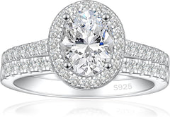 2 PC Oval Cut Halo Moissanite Sterling Silver Bridal Wedding & Engagement Ring Set for Women