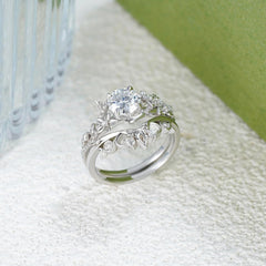 2 PC Round Shape Moissanite Leaf Design Sterling Silver Bridal Wedding & Engagement Ring Set for Women
