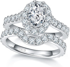 2 PC Oval Brilliant Cut Moissanite Ring Wedding Sets for Women Sterling Silver