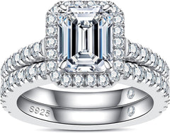 2PC 3CT Sterling Silver Emerald Cut Moissanite Bridal Sets
