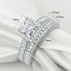 2 PC Princess Cut Halo Split Shank Moissanite Sterling Silver Bridal Wedding & Engagement Ring Set for Women