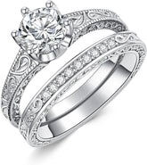 2 PC Round Cut Moissanite Sterling Silver Bridal Wedding & Engagement Ring Set for Women