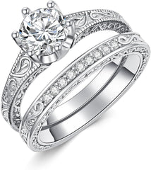2 PC Round Cut Moissanite Sterling Silver Bridal Wedding & Engagement Ring Set for Women