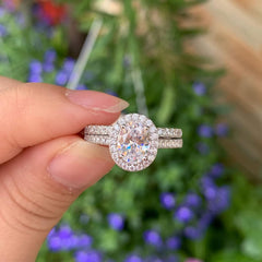 2PC Oval Cut Moissanite Sterling Silver Halo Bridal Engagement & Wedding Ring Set for Women