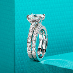 2PC Emerald Cut Moissanite 925 Sterling Silver Bridal Engagement & Wedding Ring Set for Women