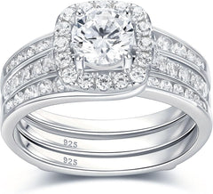 2 PC Round Brilliant Cut Wedding Rings for Women Moissanite Sterling Silver Engagement Bridal Band Set Enhancers and Wraps