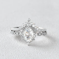 2 PC Oval Cut Moissanite Vintage Vine V-Shaped Sterling Silver Bridal Wedding & Engagement Ring Set for Women